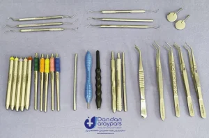 تصویر ابزار معاینه دنداپزشکی برند راکمد شامل انواع سوند، پروب، پنس، دسته آینه و سرآینه